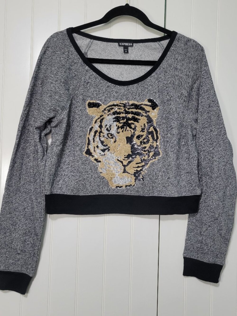 Gold Sequin/Lace Tiger Face Gray Cropped Sweatshirt Gameday School Spirit Mascot